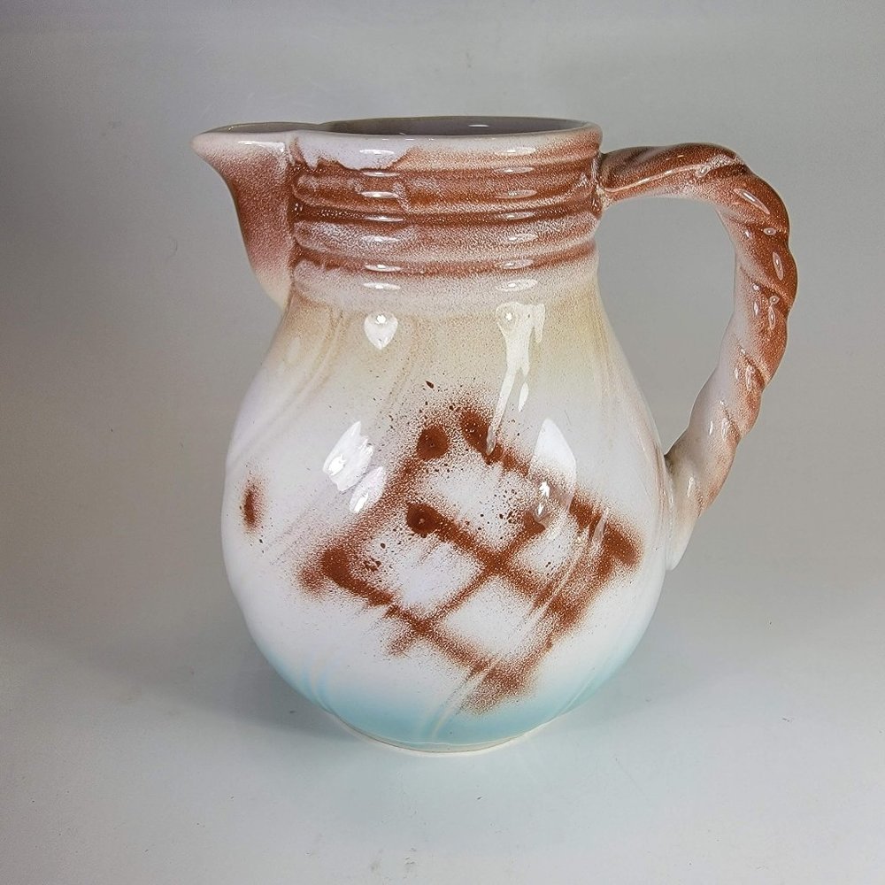 Small Pitcher Vase Japanese Hand Painted Rope Design White Glossy Glaze 6" Tall